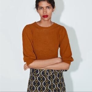 Zara Burnt Orange Knit Puff Sleeve Cropped Sweater